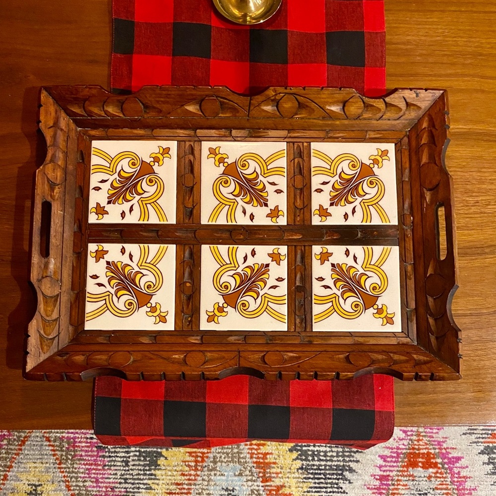 Vintage Hand-Carved Mexican Tile Serving Tray